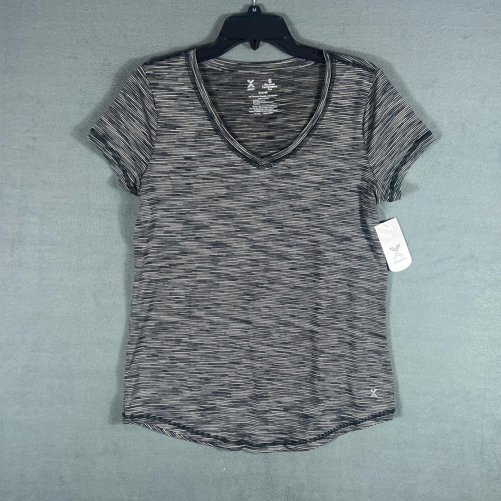 Xersion Womens Essential Performance Tee Small Black Striped V-Neck Tee NWT